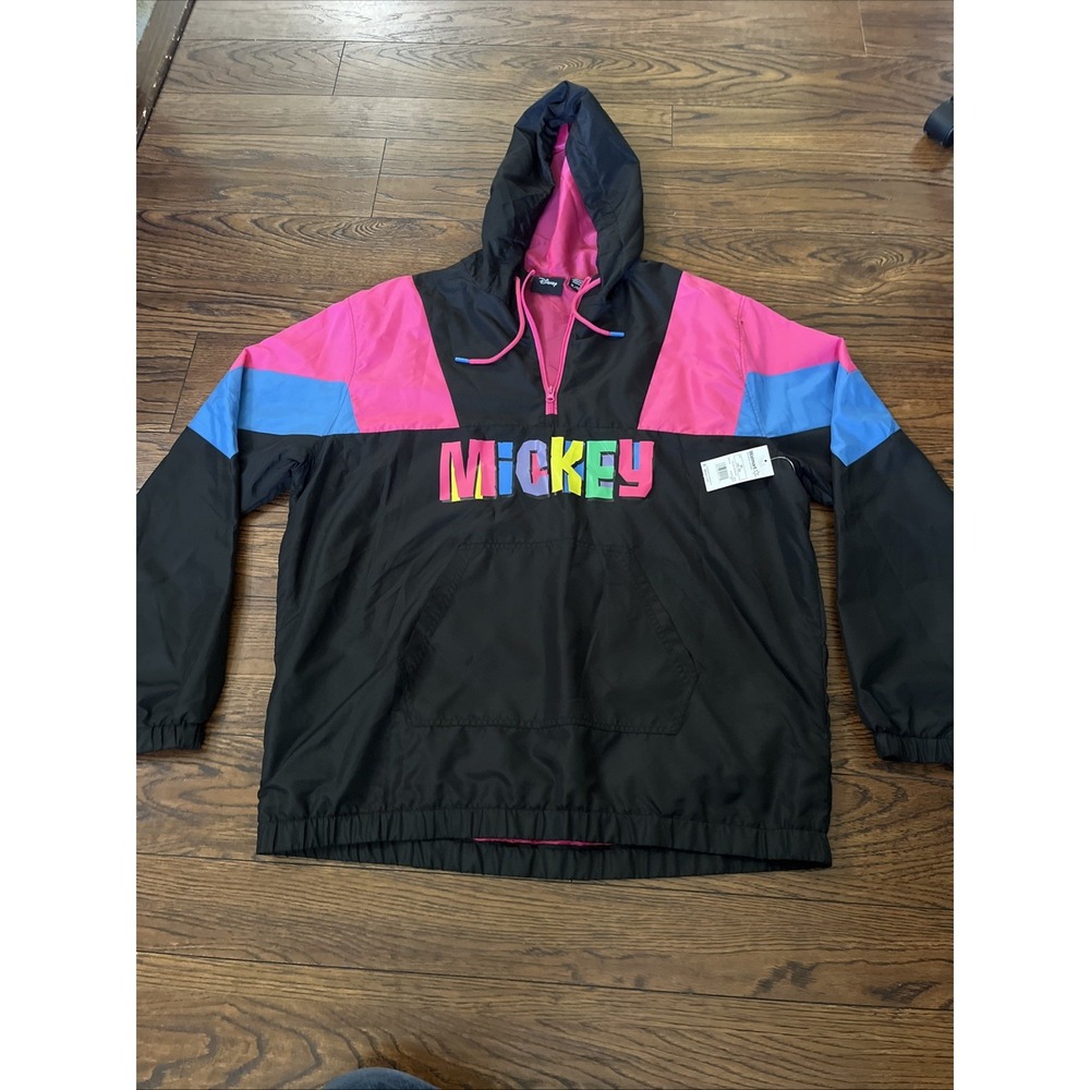 VTG NWT Disney Mickey Mouse Colorblock Windbreaker Jacket 90 Y2K Anorak XL Black